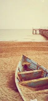 Rustic beach wallpaper with vintage boat and pier.