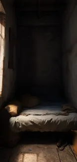 Cozy rustic bedroom with warm shadows and inviting light.