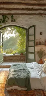 Rustic bedroom with green garden view, cozy and inviting atmosphere.