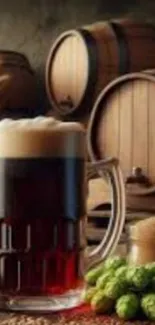 Rustic beer mug and barrels backdrop.