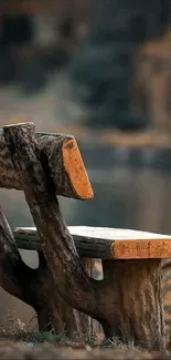 Rustic wooden bench with autumn backdrop.