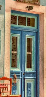 Vibrant blue rustic door in a Mediterranean cafe setting.