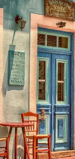 Rustic Mediterranean blue door with wooden chairs and sunlight.