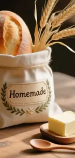 Rustic homemade bread and butter display in a cozy kitchen setting.