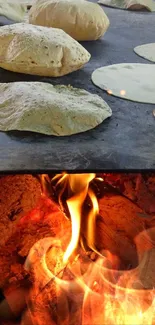 Rustic bread baking on a wood-fired oven.
