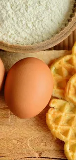 Rustic baking ingredients with eggs, waffles, and flour on a wooden surface.