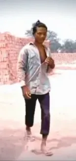 Man walking in a rustic brick yard.