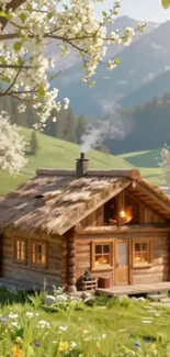 Rustic cabin in a blooming meadow with mountain backdrop