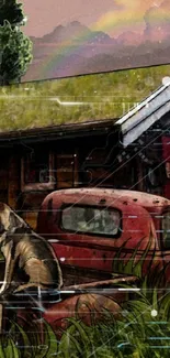 Rustic cabin scene with dog and vintage truck.