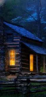 Cozy log cabin glowing in a moonlit forest night.