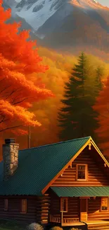 Rustic cabin with autumn leaves and mountains in a scenic mobile wallpaper.