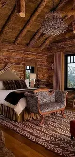 Rustic cabin bedroom with cozy wooden decor and mountain views.