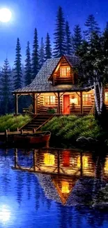 Scenic cabin by a moonlit lake reflecting on tranquil waters.