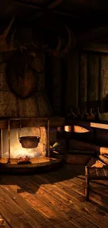 Rustic cabin interior with fireplace and moose head wall decor.