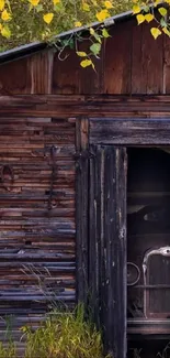 Rustic wooden cabin surrounded by autumn leaves with an open door.