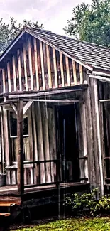 Rustic wooden cabin surrounded by green forest.