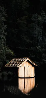 Rustic cabin on forest lake at night.