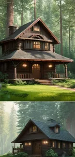 Rustic cabin in lush forest mobile wallpaper with sunlight and trees.