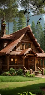 A rustic cabin nestled in a lush green forest with birds flying overhead.