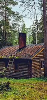 Rustic cabin surrounded by lush forest.