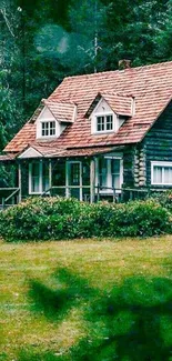 Rustic cabin surrounded by lush forest and greenery.