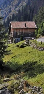 Rustic cabin nestled in scenic mountain valley with lush greenery.