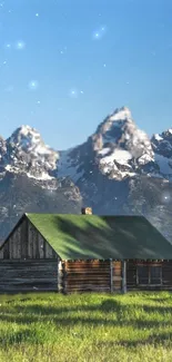 Rustic cabin with mountains and starry sky.