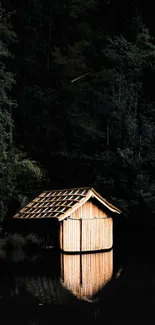 Rustic cabin night reflection with forest and lake.