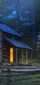 Rustic cabin illuminated at night in a tranquil forest setting.