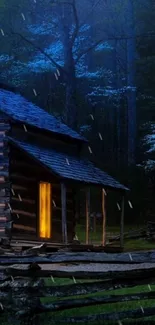 Rustic cabin in forest at night with glowing windows and rain.