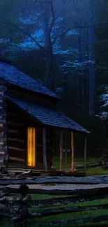 Rustic cabin at night surrounded by blue woods.