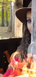 Woman peeking from rustic cabin in forest scene.