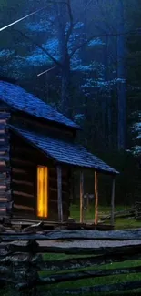 Rustic cabin illuminated in serene forest night scene with starry sky.