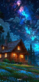 Rustic cabin under a starry night sky