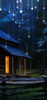 Rustic cabin illuminated at night under a starry sky.