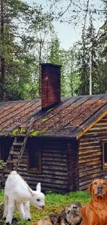 Rustic cabin surrounded by forest and animals, with green foliage.