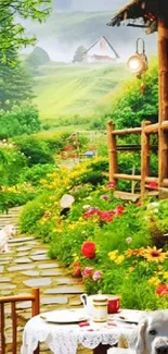 Rustic cabin with colorful flowers and a friendly dog in the lush countryside.