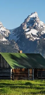 Rustic cabin with mountains and green grass in a serene landscape.