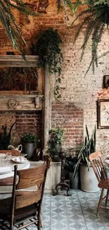 Rustic café interior wallpaper with warm lighting and plants.