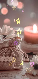 A cozy scene with a candle, daisy flowers, and burlap for a romantic atmosphere.