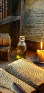 A rustic library scene with books and a lit candle.