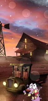 Cartoon landscape with a sunset backdrop and a rustic house scene.