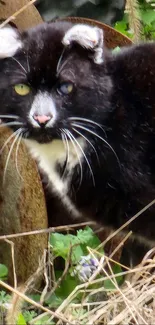 Black cat with white markings in a rustic garden setting.