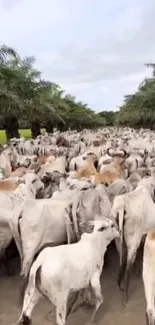 A serene cattle herd on a rural path flanked by lush palm trees.