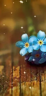 Rustic wallpaper with blue flowers on wood.