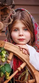 Girl in traditional attire with vintage wheel, rustic wallpaper.