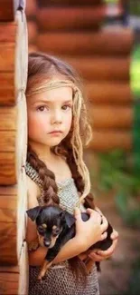 A young girl with braids holds a puppy near rustic wooden logs.