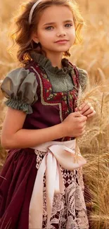 Girl in vintage dress in wheat field, mobile wallpaper.