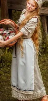 Woman in traditional attire with flower basket.