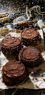 Rustic chocolate cakes on vintage paper with baking tools on a wooden table.